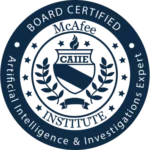 Board Certified Artificial Intelligence & Investigations Expert badge with institute crest design.